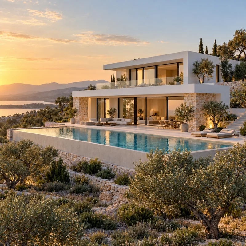 A white hillside villa with an infinity pool